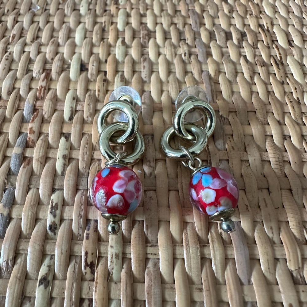 Gold and Red Beaded Earrings